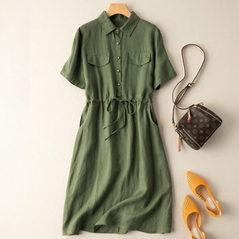 Váy sơ mi dáng suông công sở cổ đức 2 túi sườn, chất đũi mát thời trang trẻ trung, phong cách Hàn Da74
