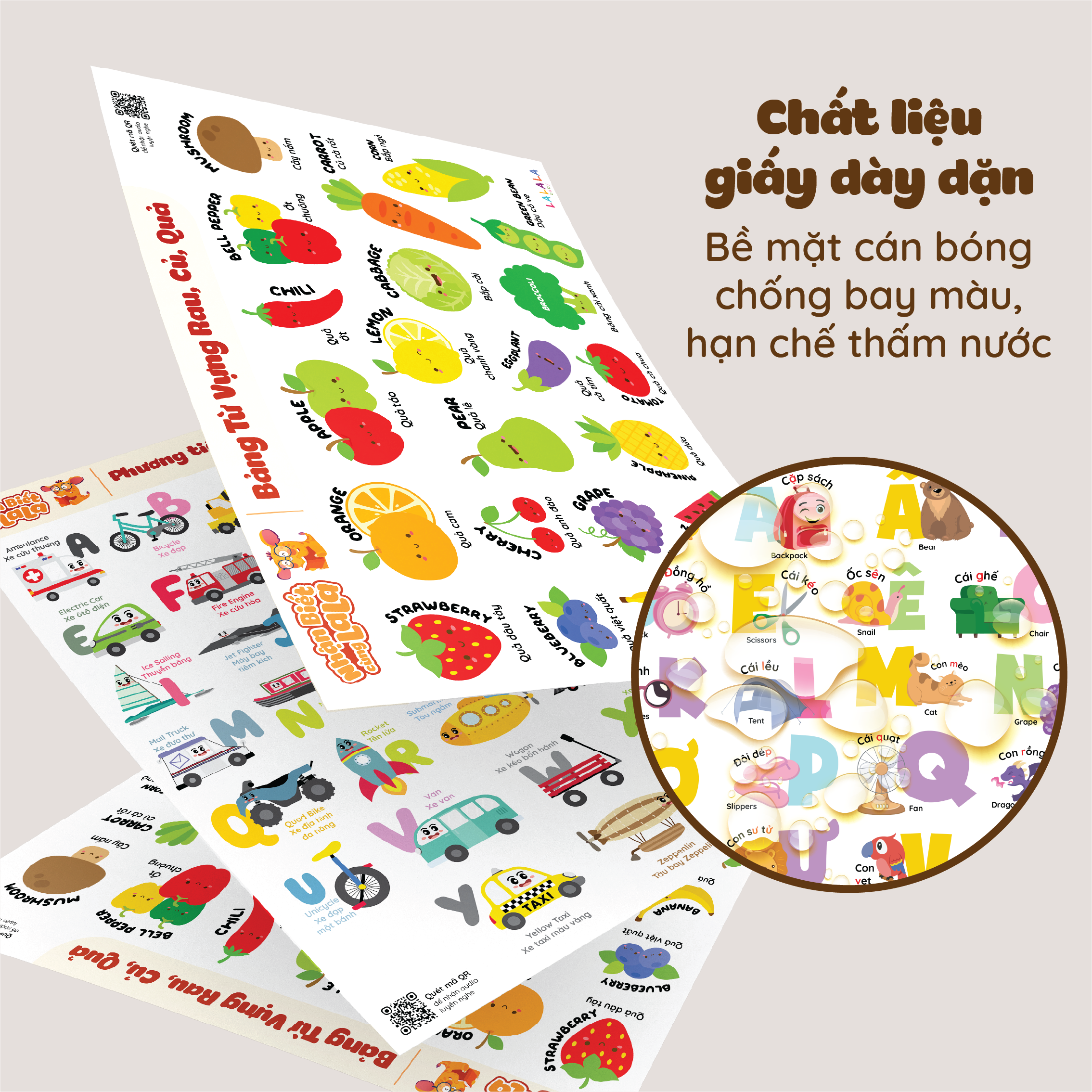 Đồ Chơi Giáo Dục - Poster Dán Tường (Không Keo Dính) Song Ngữ Anh Việt - Bảng Chữ Cái - Chữ Số - Cửu Chương - Động Vật - Lalala baby