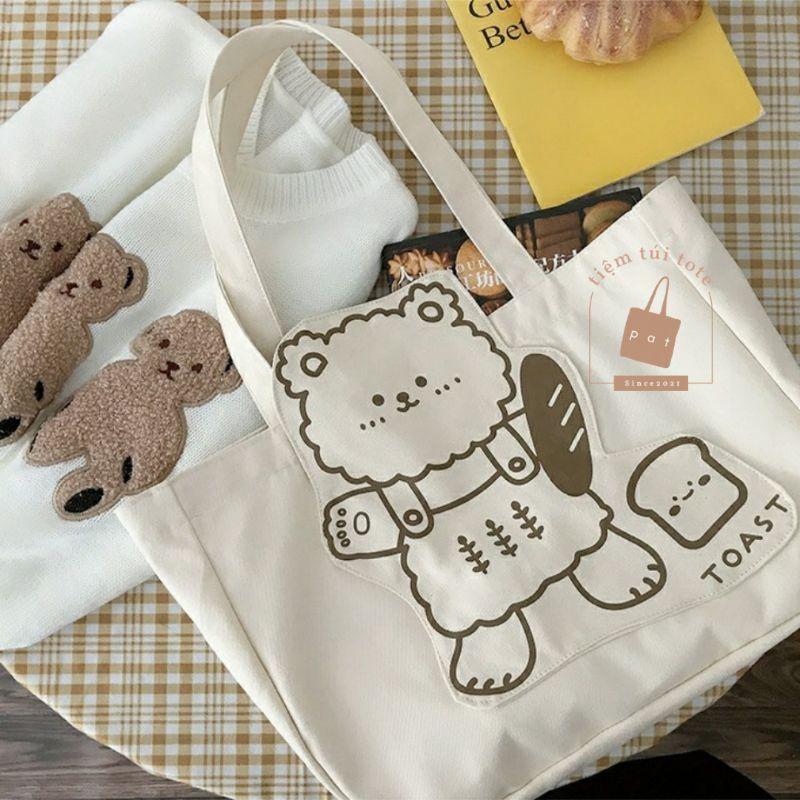 Túi tote gấu bánh mì và sanwich chất liệu canvas đeo vai size to họa tiết in sắc nét mã TP2 | tiemtuitotebypat