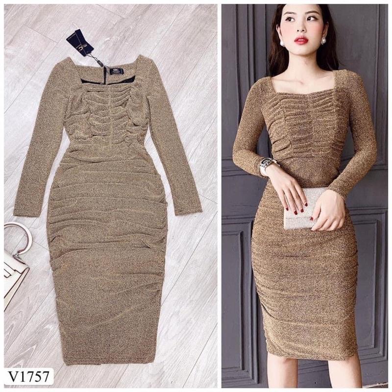 Đầm body nhũ cổ vuông nhún eo sang chảnh