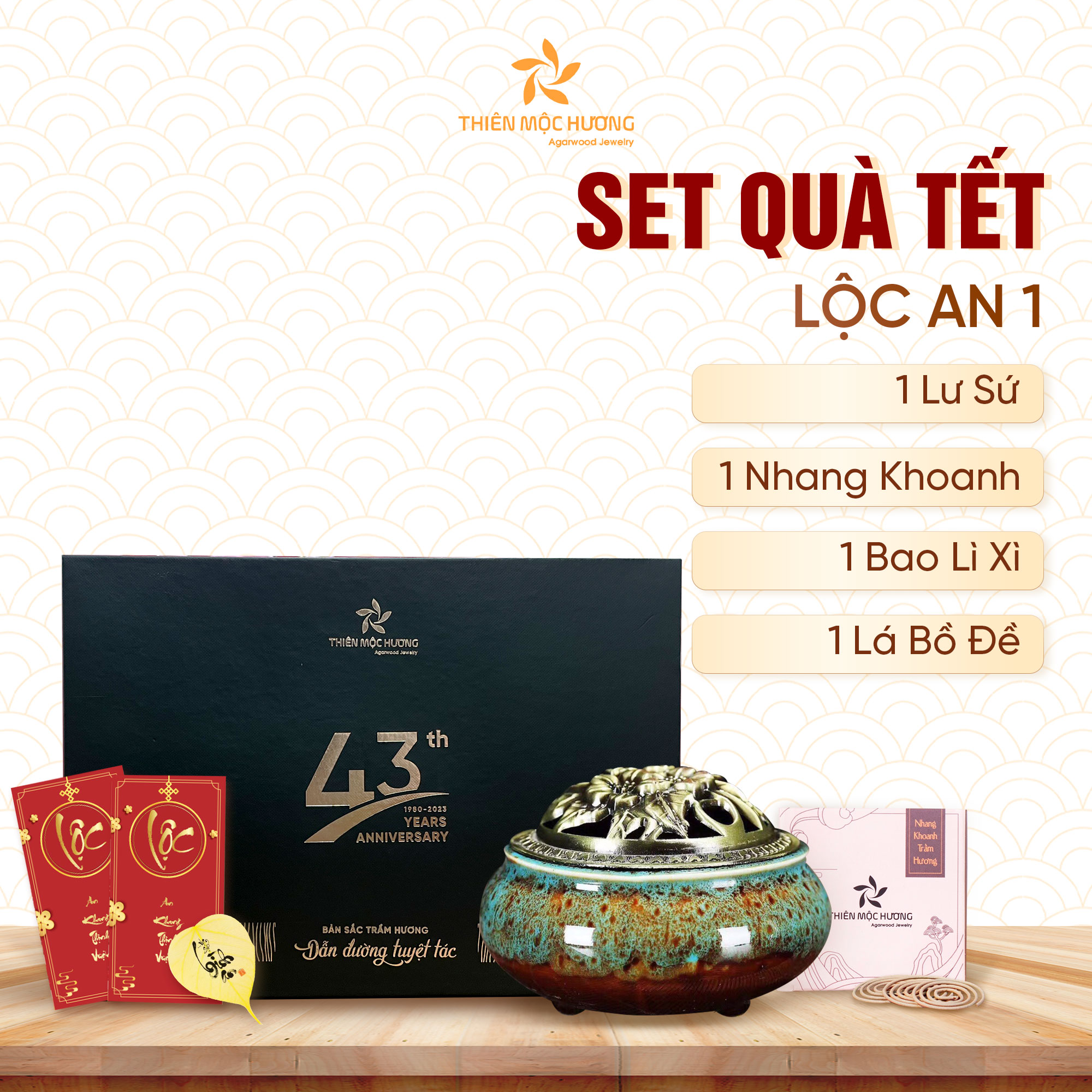 Bộ quà tặng trầm hương Lộc An Thiên Mộc Hương bao gồm nhang, lư sứ, bao lì xì và lá bồ đề