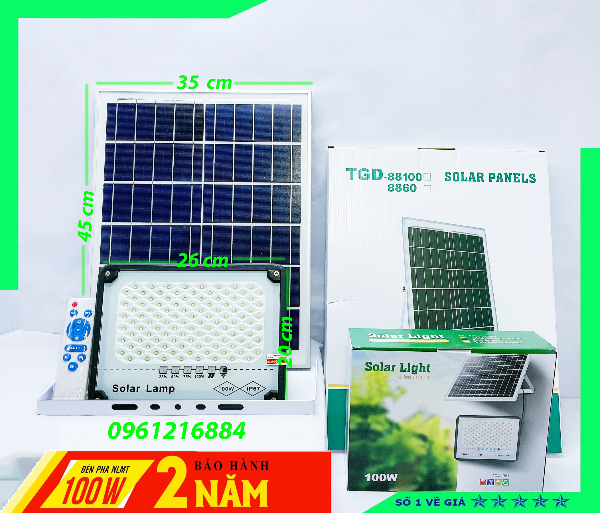 Đèn pha năng lượng mặt trời HC SOLAR LINGHT 200W – Chống chói mắt, Vỏ nhôm, Đèn Led NLMT, Tấm pin NLMT rời, Ánh sáng trắng