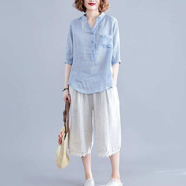 Áo sơ mi nữ cổ trụ tay lỡ trẻ trung, chất liện linen mềm mát, thời trang phong cách trẻ