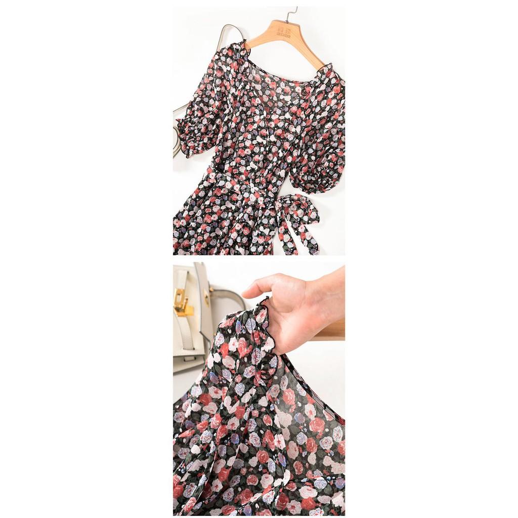 Đầm dự tiệc dáng dài midi hoa nhí tay lửng nhún bèo cột nơ ELIA DRESS