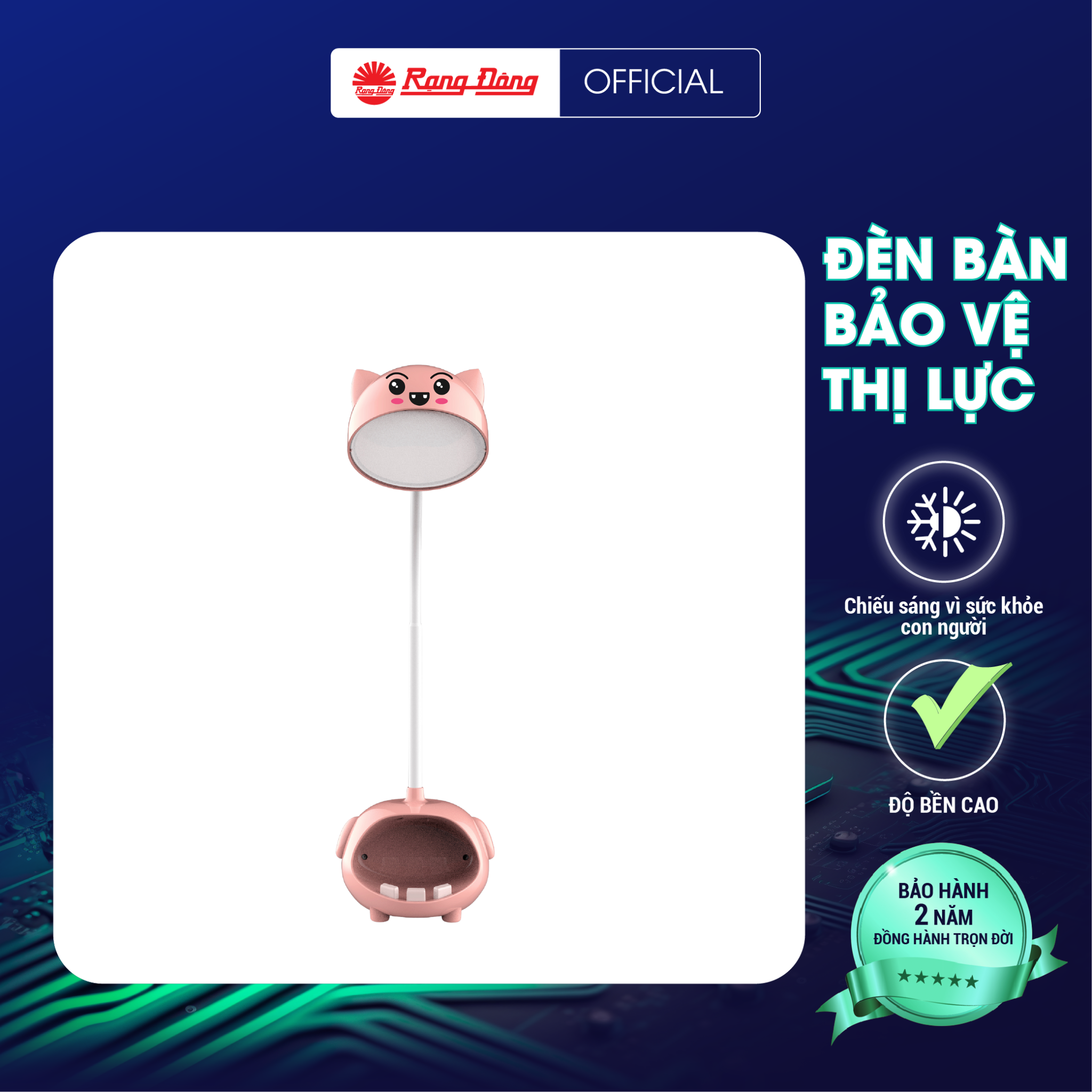 Đèn bàn cảm ứng Rạng Đông thế hệ mới, công tắc cảm ứng được bố trí ở 2 bên tai của thân đèn, màu sắc phong phú, hình con vật ngộ nghĩnh đáng yêu – Hồng