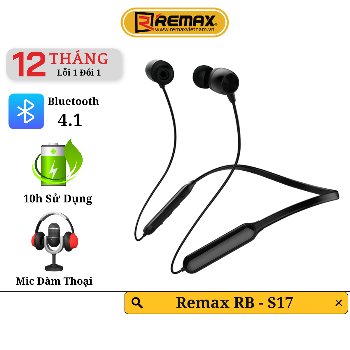 Tai nghe Bluetooth thể thao Remax RB-S17 Chống Thấm Mồ Hôi - Hàng chính hãng Remax