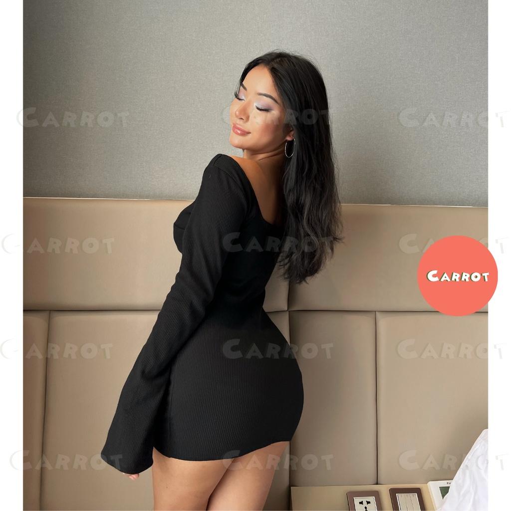 Đầm body sexy tay dài dự tiệc váy dáng ôm khoét ngực soắn ngực chất thun co giãn tốt freesize carrotxinhdep