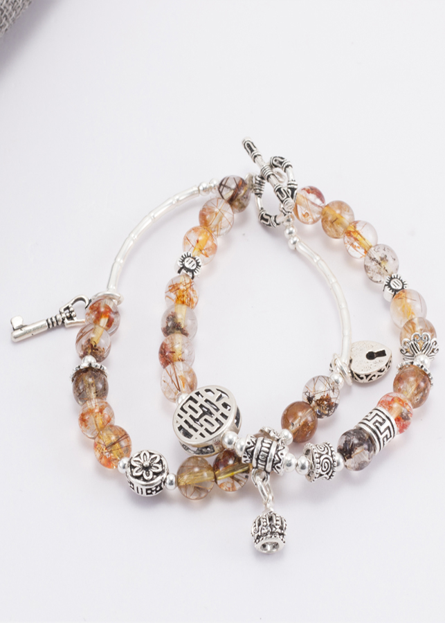 Vòng 2 Line Thạch Anh Ưu Linh Tóc Phối Charm Vương Miệng Bạc Ngọc Quý Gemstones