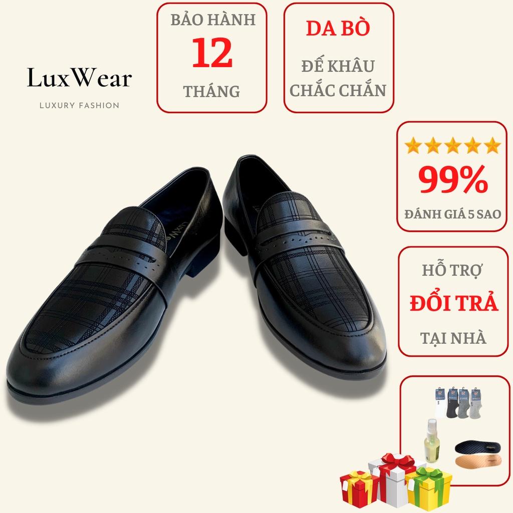 Giày lười nam da bò cao cấp đế khâu LuxWear màu đen có quà tặng kèm tất lười hoặc lót giày cao cấp - GCR