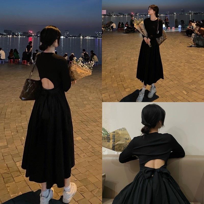 Váy Đầm Dài Tay Khoét Vai Siêu Xinh