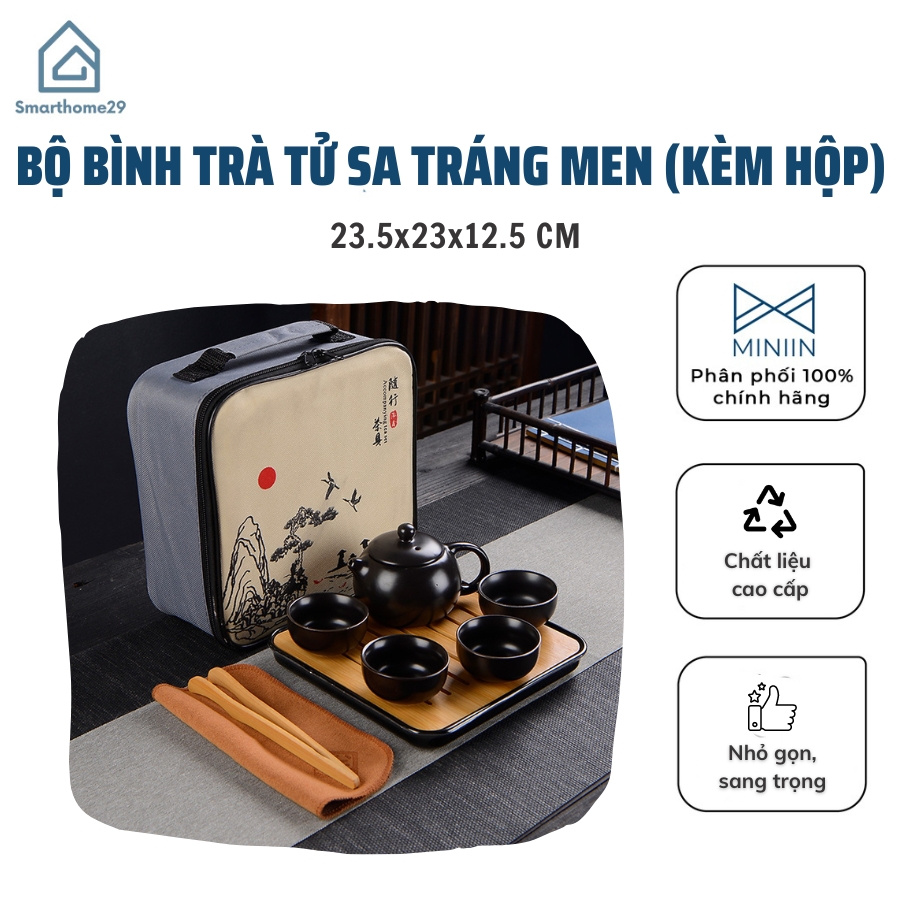 Bộ Bình Trà Tử Sa Tráng Men Mờ Có Túi Đựng Đi Du Lịch Tiện Lợi Gồm 1 Ấm Trà, 4 Tách, 1 Khay Trà (Tặng Kèm Khăn Lau Và Gắp Tre)- Hàng Loại 1 - Chính Hãng MINIIN