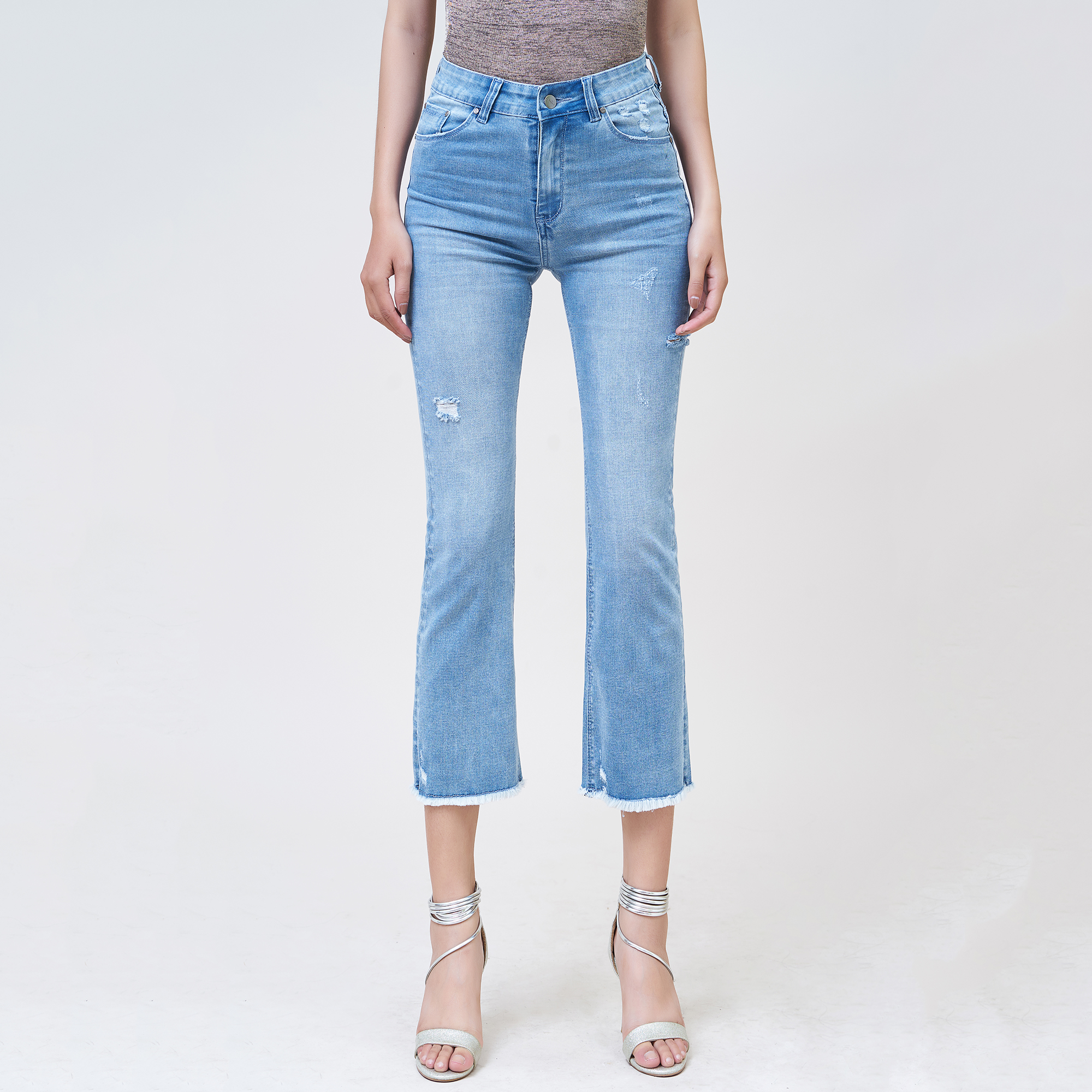 Quần jean nữ lưng cao AAA JEANS ống loe rách Savoy Blue