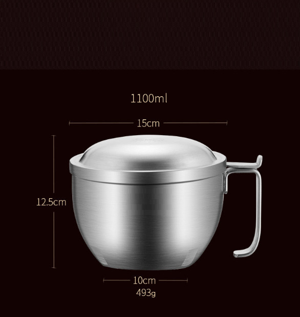 Ly Ăn Mì Inox 304 Có Nắp - 15x12.5cm ( Đáy : 10cm ) 493g 1100ml