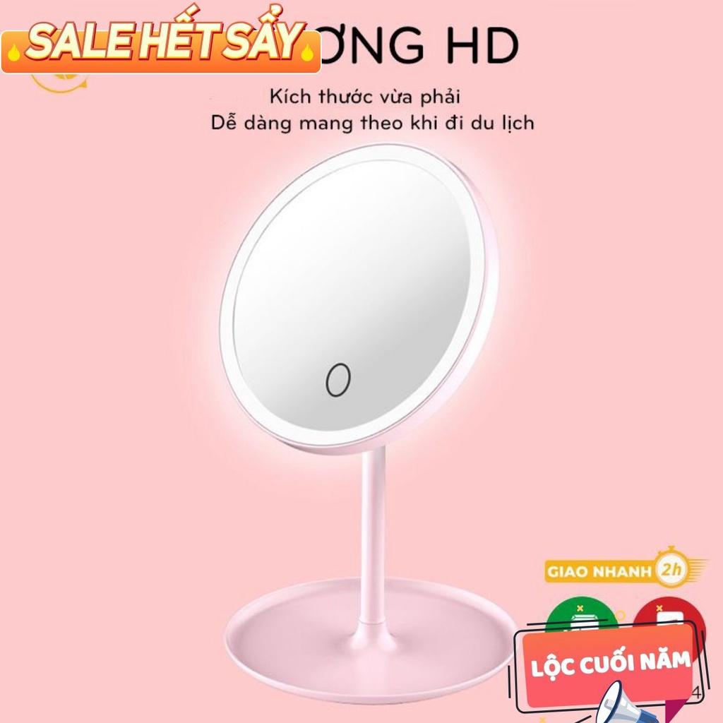 Gương để bàn trang điểm SHOP10K, Gương đèn led cảm ứng mẫu tròn xoay chiều 360 độ