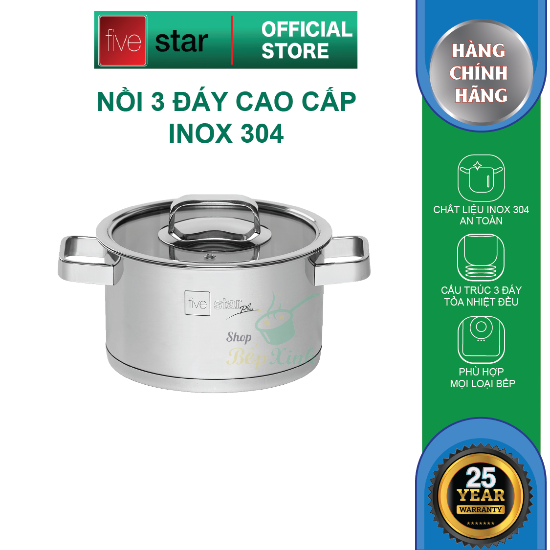 Combo Bộ nồi inox 304 và xửng hấp cao cấp Fivestar Plus 5 món nắp kính , tặng 1 vá canh