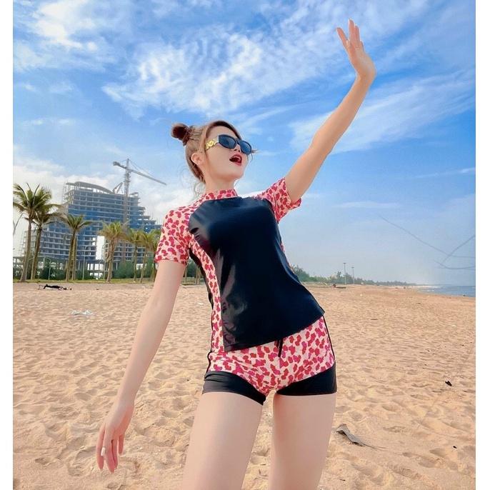Bikini họa tiết liền cộc tay kín, đồ bơi thể thao nữ ngắn tay Korean SAVVY short sleeve bikini swimsuit,swimwear summer