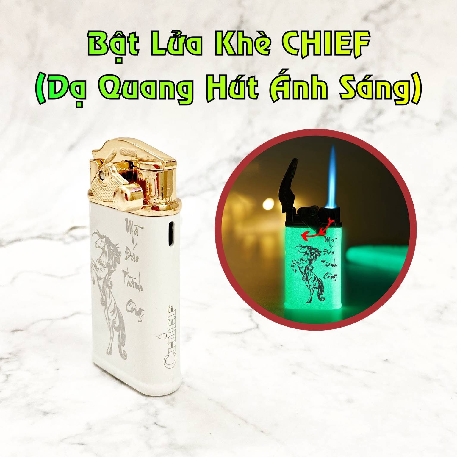 Hộp quẹt bật lửa khè Chief búng tay đánh lửa dạ quang hút ánh sáng hình mã đáo thành công - (xài gas)