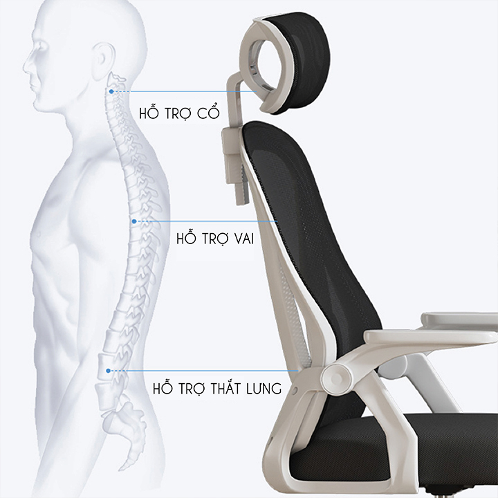 Ghế Xoay Văn Phòng Lưới Làm Việc Công Thái Học - Ghế Làm Việc Xoay Có Tựa Đầu, Tay Gập Thông Minh, Lưới Thoáng Khí.