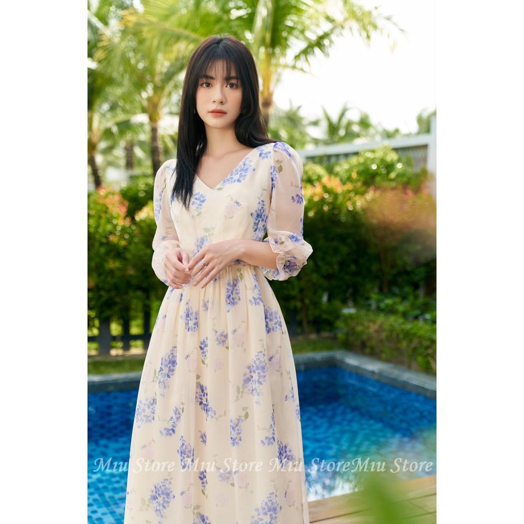 D00611 - Đầm thiết kế cao cấp maxi tay lỡ voan hoa tím