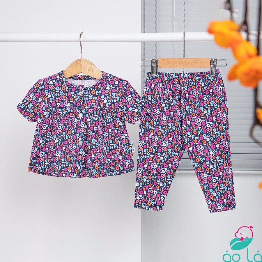 Bộ dài tay bé gái tay ngắn quần dài thun cotton mặc ngủ mùa hè áo babydoll họa tiết hoa Áo Lá Homewear BCB22