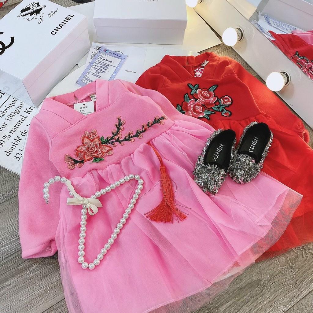 Set váy nỉ cổ hoa cho bé gái