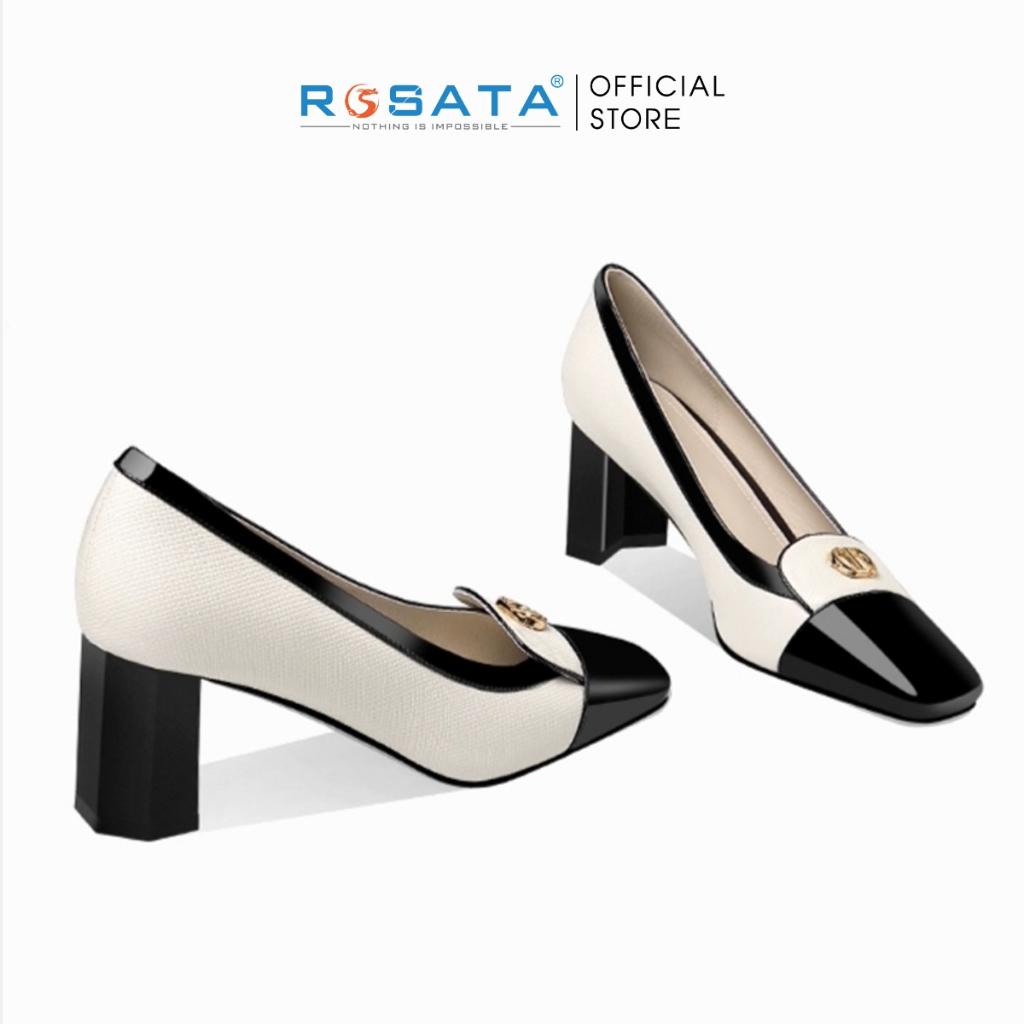 Giày búp bê nữ 6 phân mũi vuông da sọc nhám đính chữ CD ROSATA RO391