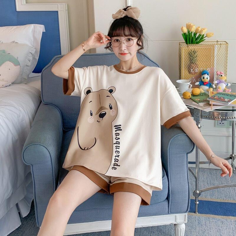 Bộ Quần Áo Gấu Set Quần Đùi Ống Rộng Áo Thun Tay Lỡ Cotton Nam Nữ