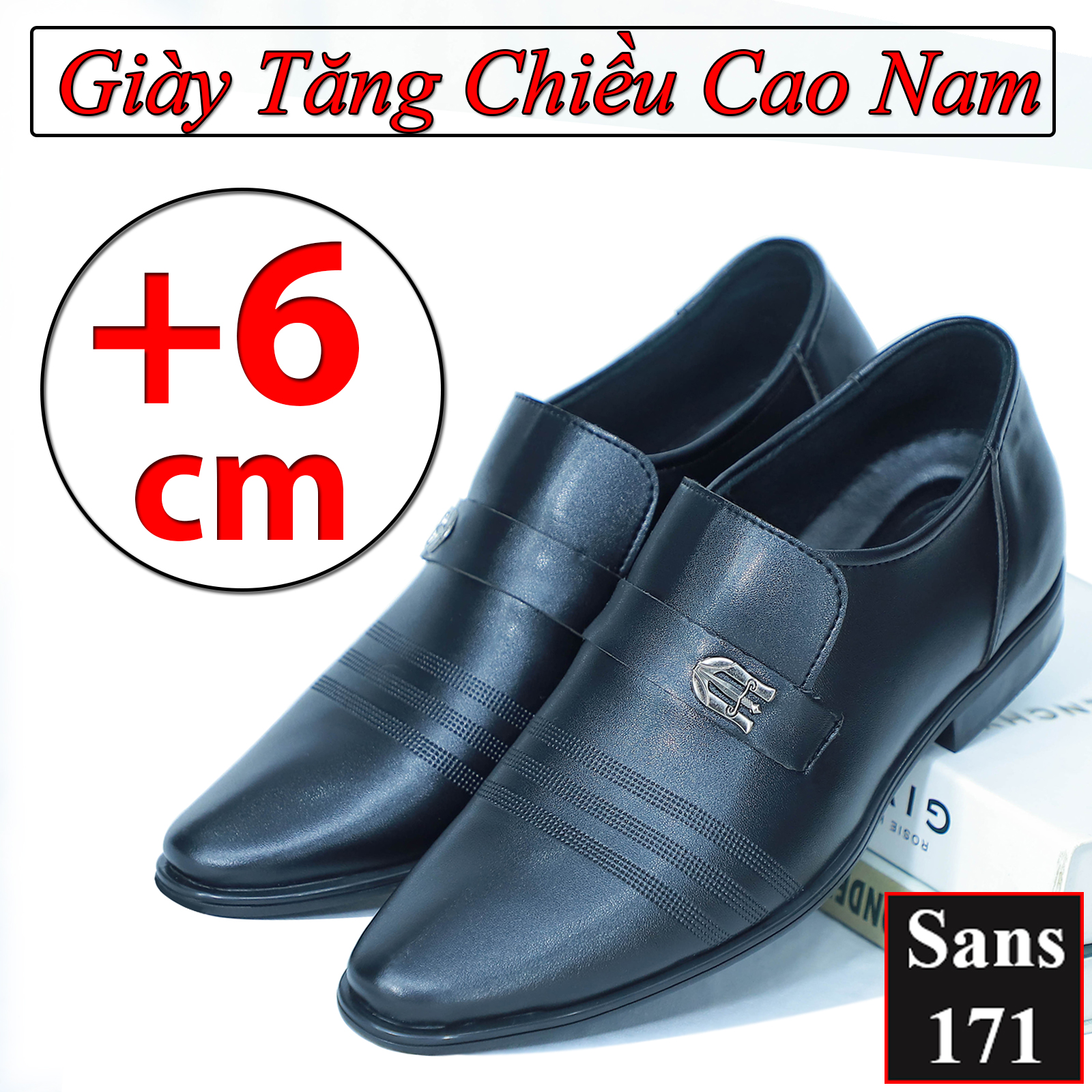 Giày tây nam tăng chiều cao 6cm Sans171 giầy da lười công sở độn đế phong cách lịch sự hàn quốc nâng gót màu đen nâu