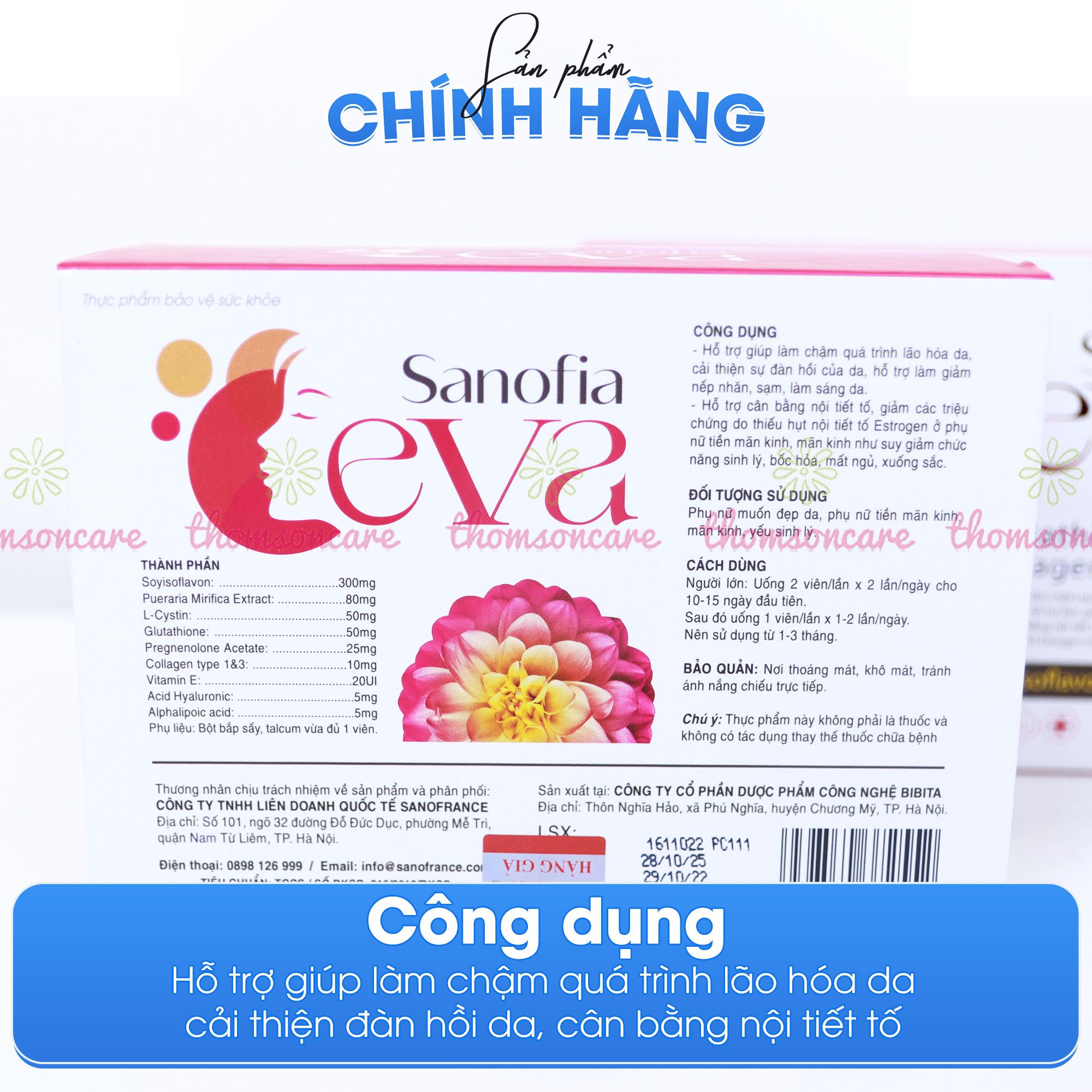 Viên uống nội tiết tố nữ Eva Hồng Sanofia-Hỗ trợ làm chậm quá trình lão hóa da, cải thiện đàn hồi da - Hộp 30 viên Thomsoncare