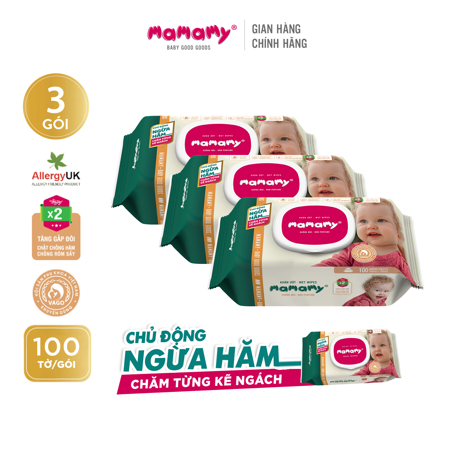 Combo 3 gói khăn ướt ngừa hăm, rôm sảy Mamamy 100 tờ/ gói, có nắp, kháng khuẩn, an toàn cho trẻ sơ sinh