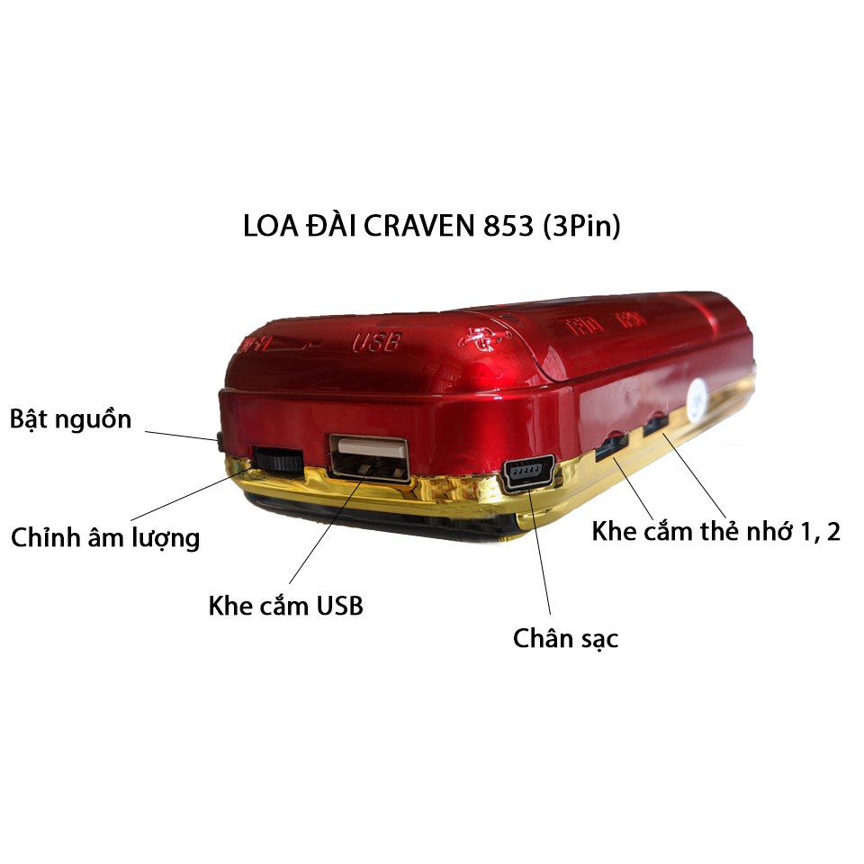 Máy Nghe Pháp Craven 853 -3Pin phù hợp với người lớn tuổi, Loa Caraven CR-853 3 pin siêu khỏe nghe nhạc thẻ nhớ USB nghe đài FM nghe kinh phật tập thể dục USB FM CR - 853 pin dung lượng cao Caraven-Hàng chính hãng