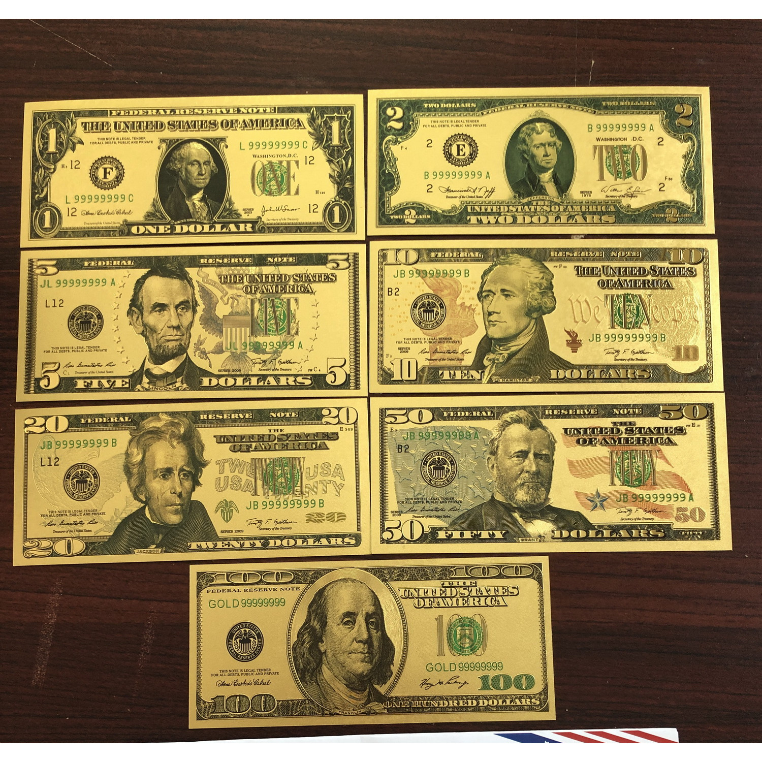 Bộ 7 tờ Tiền USD Mạ Vàng Plastic 999999 lưu niệm làm quà tặng sưu tầm , trang trí