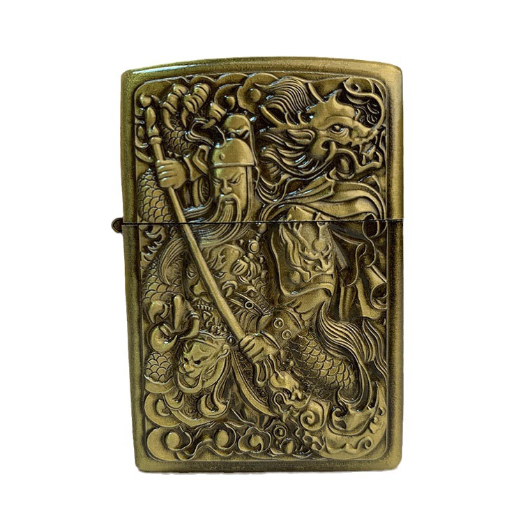 Hột Quẹt Xăng Hình Quan Công Khắc Nổi Tặng Kèm Chai Xăng Độc Đáo Đẹp Lạ, Bật Lửa Zippoo Chạm Khắc Quan Công Cổ Điển Sang Trọng