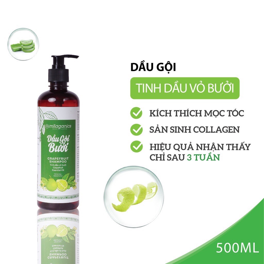 Dầu Gội Bưởi Làm Sạch Da Đầu &amp; Kích Thích Mọc Tóc Từ Tinh Dầu Bưởi Nguyên Chất MILAGANICS 500ml (Chai)