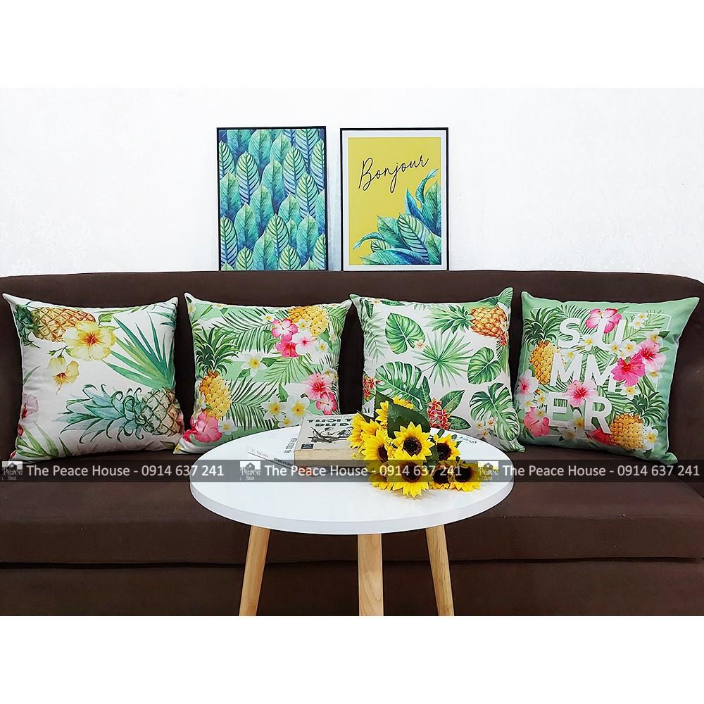 Vỏ gối vuông tựa lưng trang trí sofa 45x45cm hoạ tiết LÁ XANH