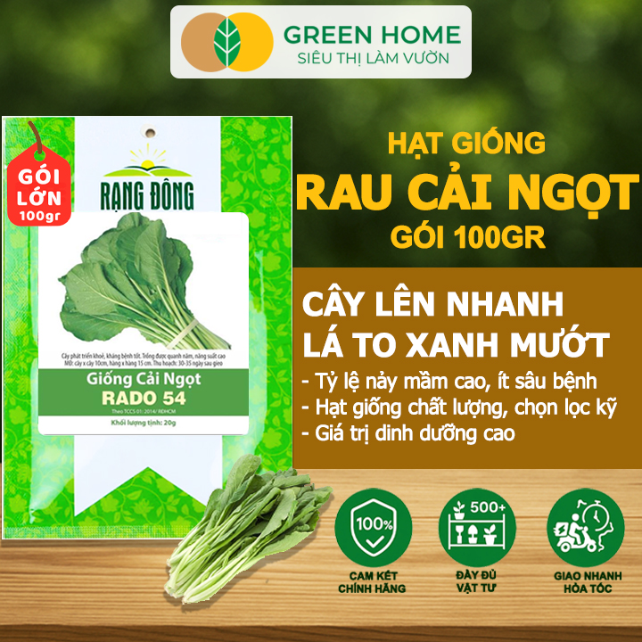 Hạt Giống Rau Cải Ngọt GreenHome, GÓI 100GR, Dễ Trồng, Nảy Mầm Cao, Thu Hoạch, Năng Suất R31