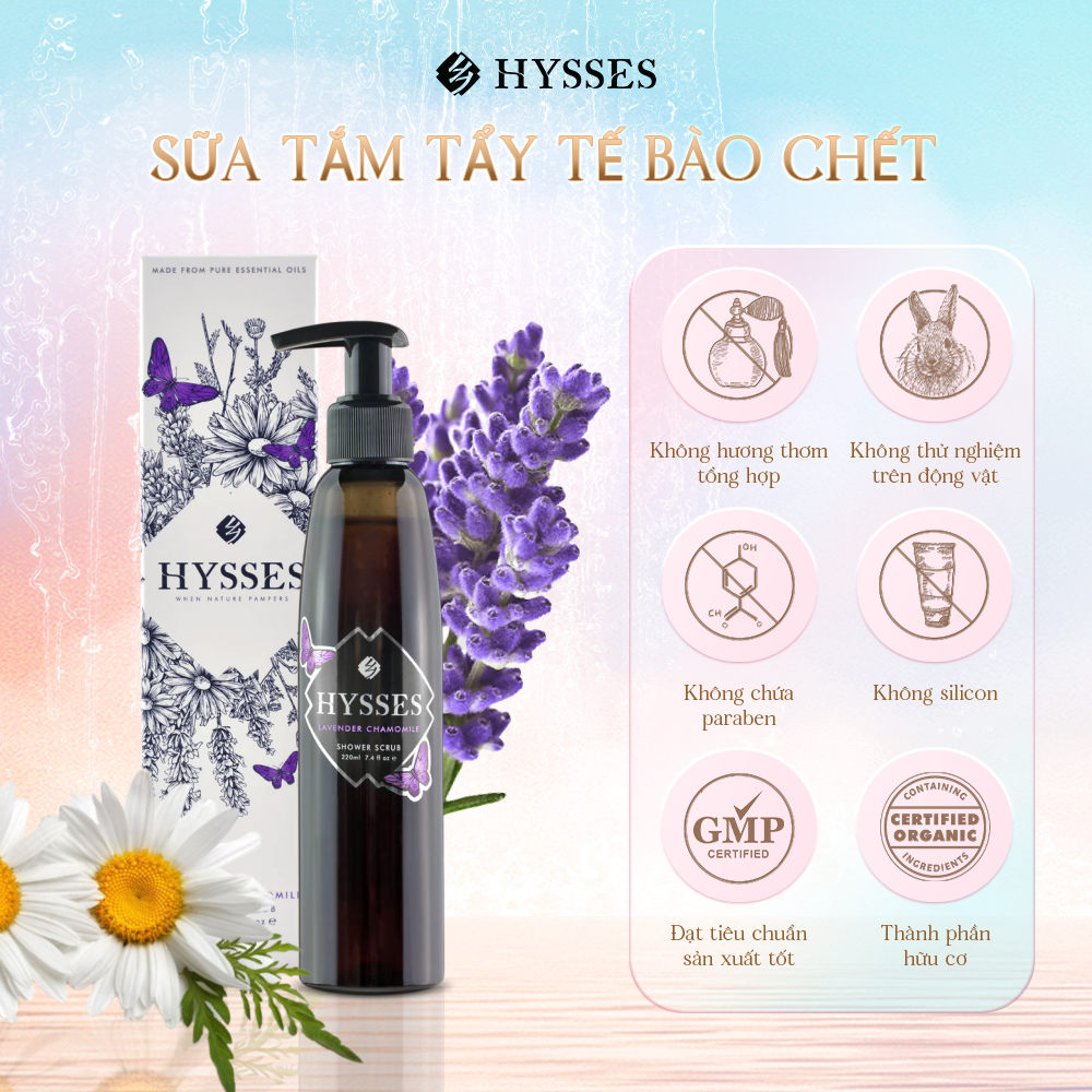 Sữa Tắm Tẩy Tế Bào Chết Cao Cấp Hysses Giúp Làm Sạch Sâu, Da Mịn Màng, Săn Chắc, Dưỡng Trắng, Thích Hợp Cho Da Nhạy Cảm Với Tinh Dầu Oải Hương và Cúc La Mã Hữu Cơ Tự Nhiên