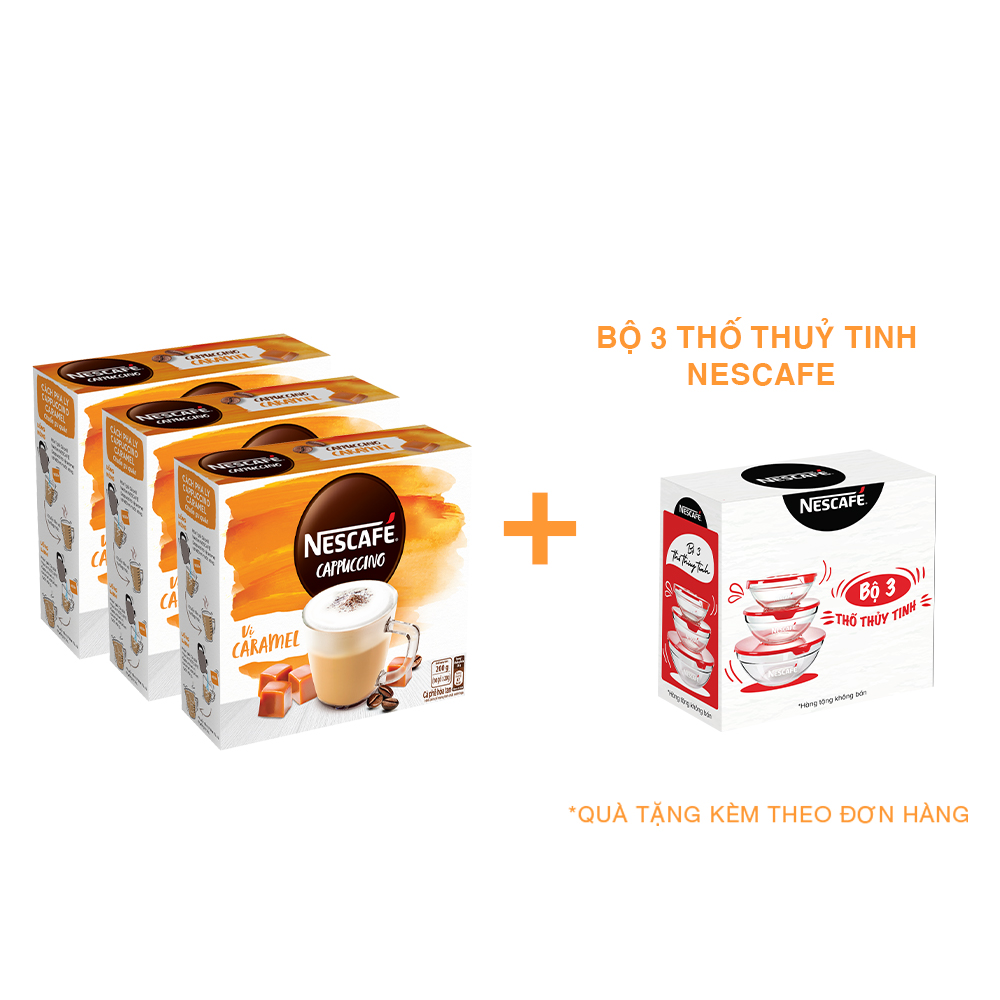 Combo 3 Hộp Cà Phê Hòa Tan Nescafé Cappuccino Vị Caramel (Hộp 10 Gói x 20g) - [Tặng Bộ 3 Thố Thuỷ Tinh Nescafé]