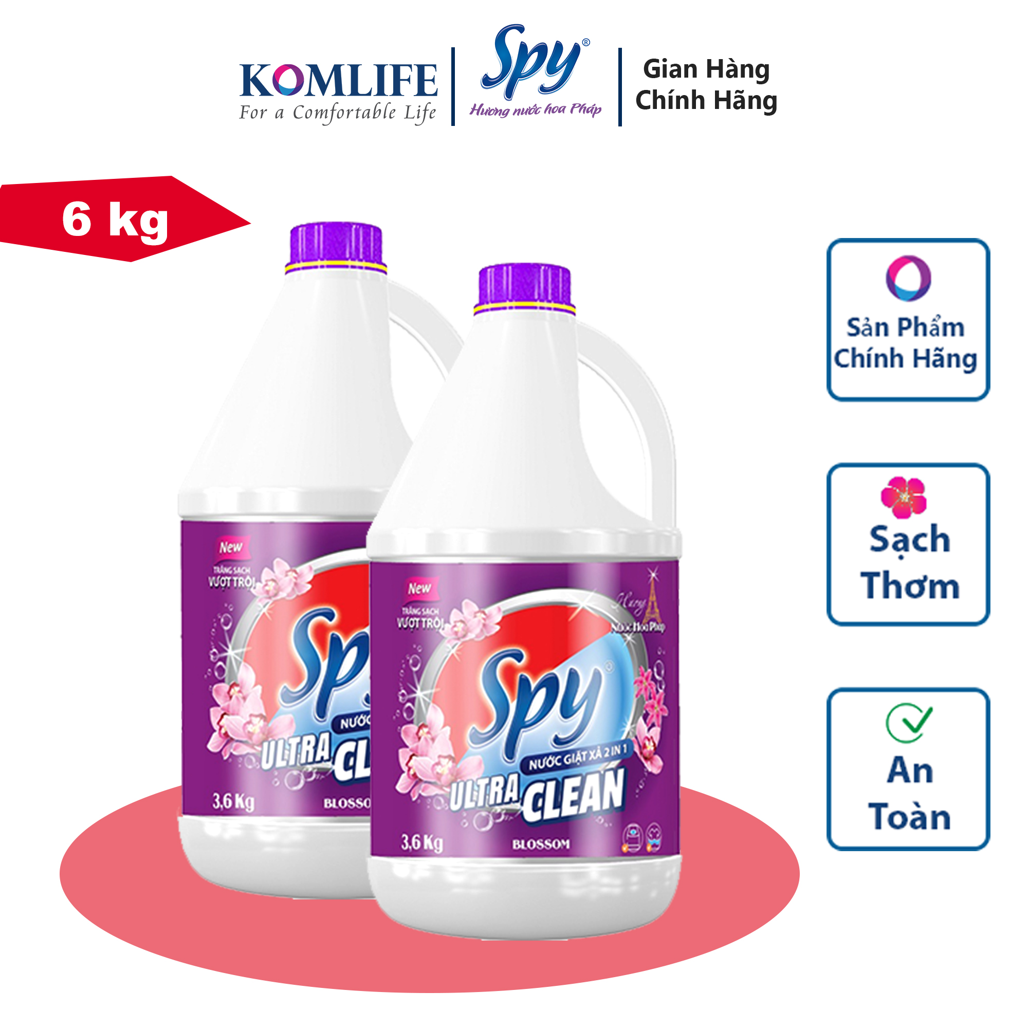 Can nước giặt xả SPY Ultra Clean 6 kg 2 trong 1 hương hoa Pháp trắng sạch, thơm lâu, tiết kiệm