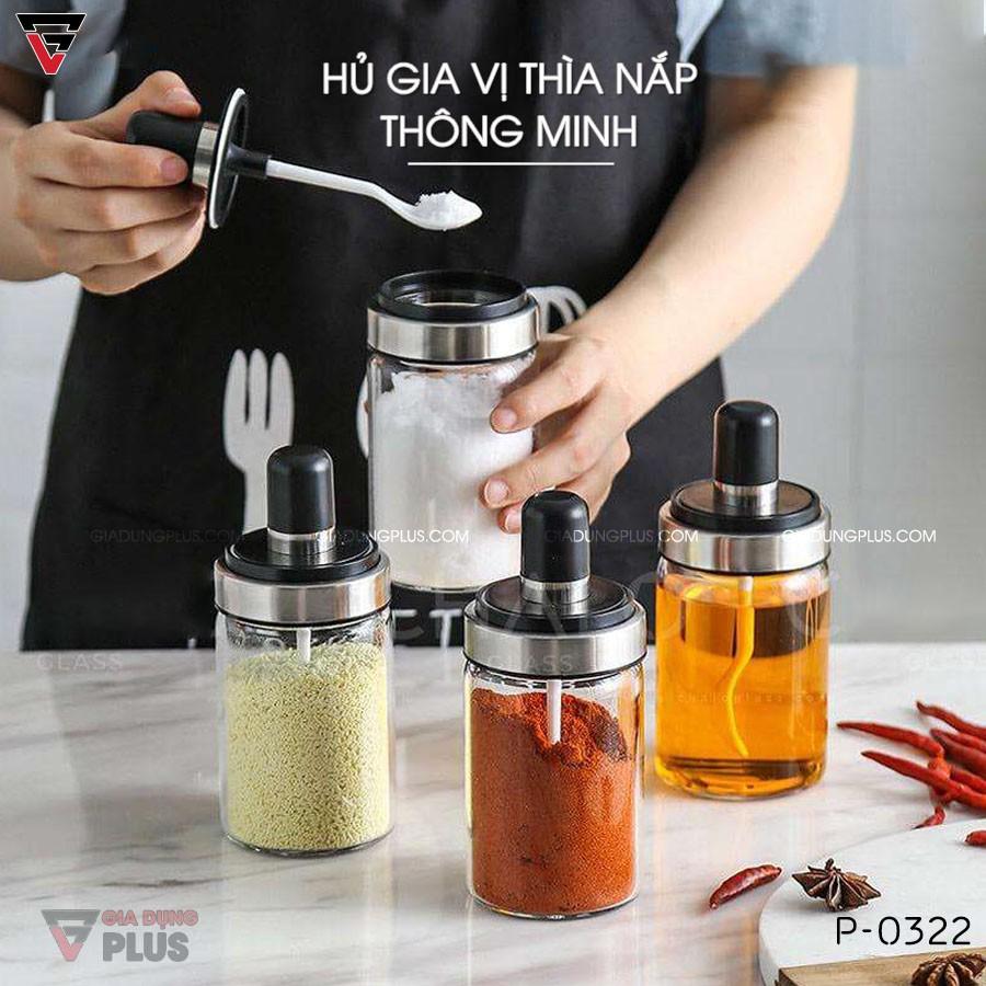 Lọ đựng gia vị thuỷ tinh borosilicate muỗng liền nắp thông minh có viền inox 304 (220ml &amp; 350ml) - VIMORA