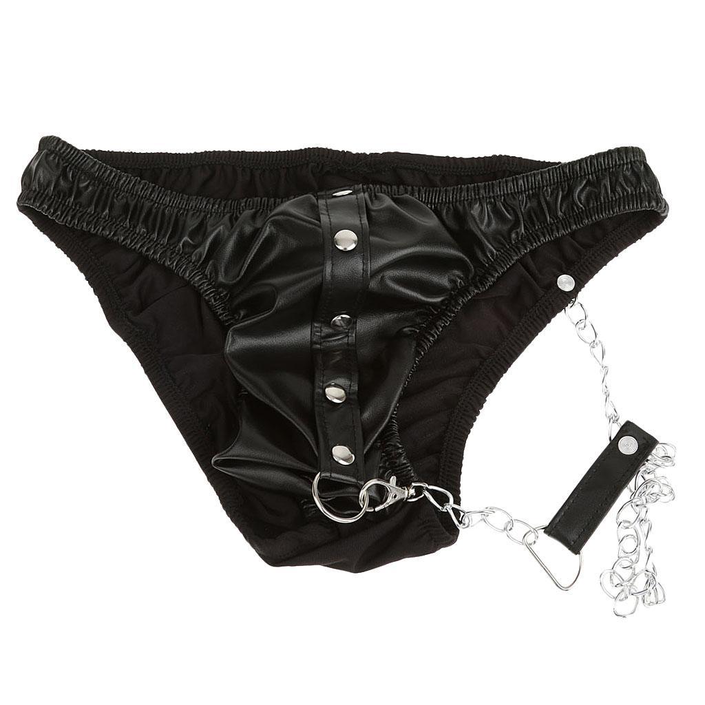 Mens PU leather G-string Underwear Chain Low Rise Briefs Thong Clubwear