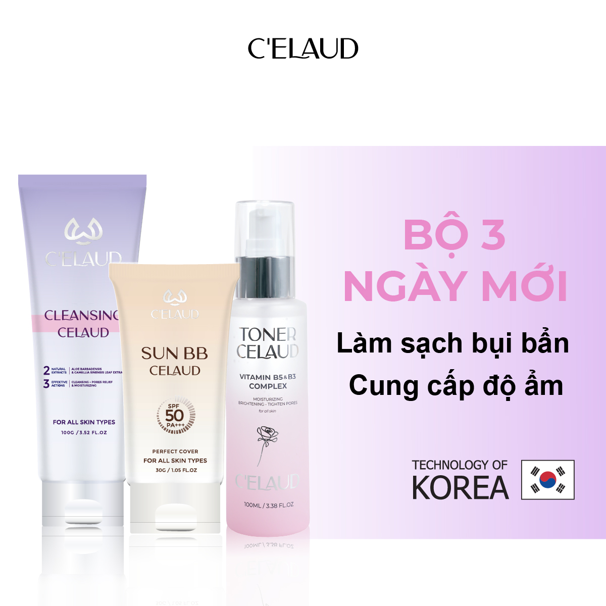 Combo sữa rửa mặt sạch sâu, nước hoa hồng làm dịu da và kem chống nắng Celaud