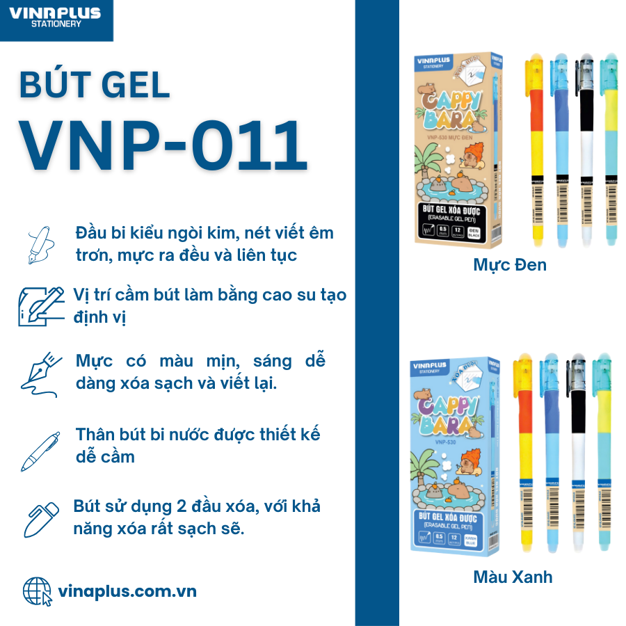 Cây Bút Gel VNP-530 Ngòi 0,5mm Có Đầu Xoá Được Nhiều Mẫu Cute Mực Xanh, Mực Đen Thiết Kế Đơn Giản