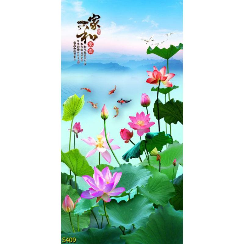 Tranh dán tường Tranh Sen cá cửu ngư bình an, Tranh dán tường 3d hiện đại