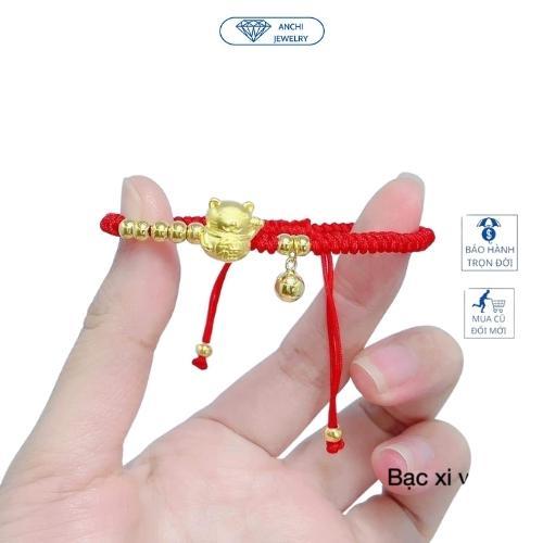 Vòng tay dây bện chỉ đỏ charm hổ bạc ta mạ vàng may mắn, Anchi jewelry