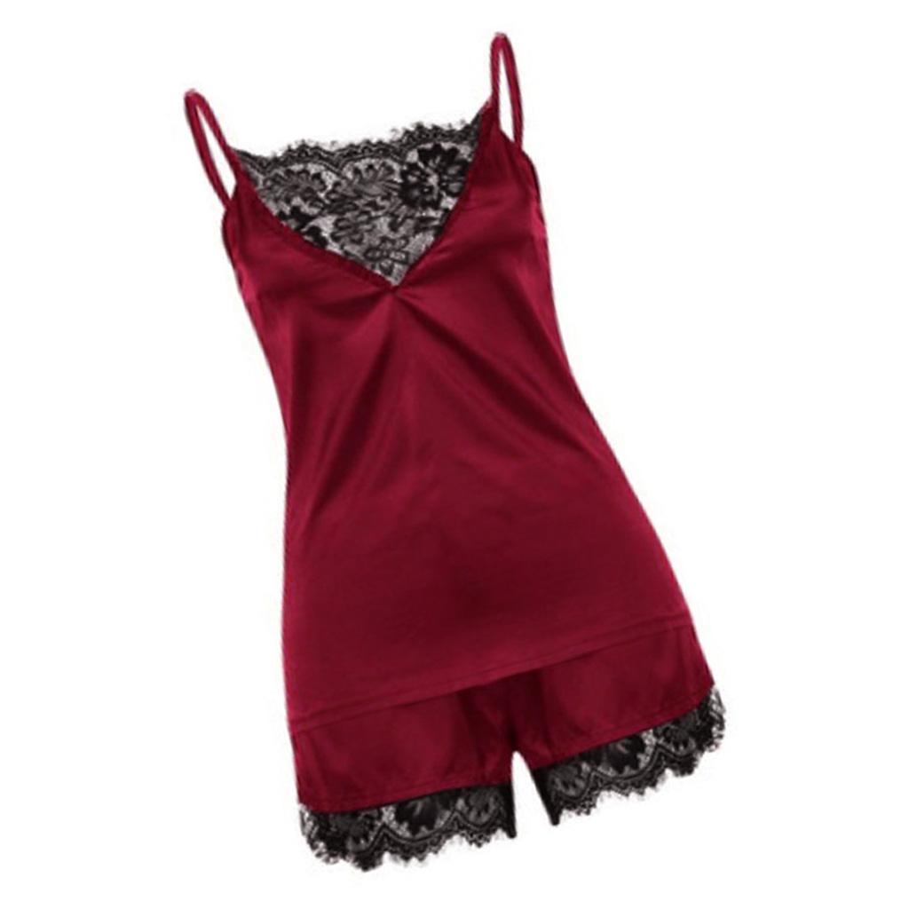 Wine Red Women's Lace Satin Sleepwear Cami Top and Shorts Pajama S