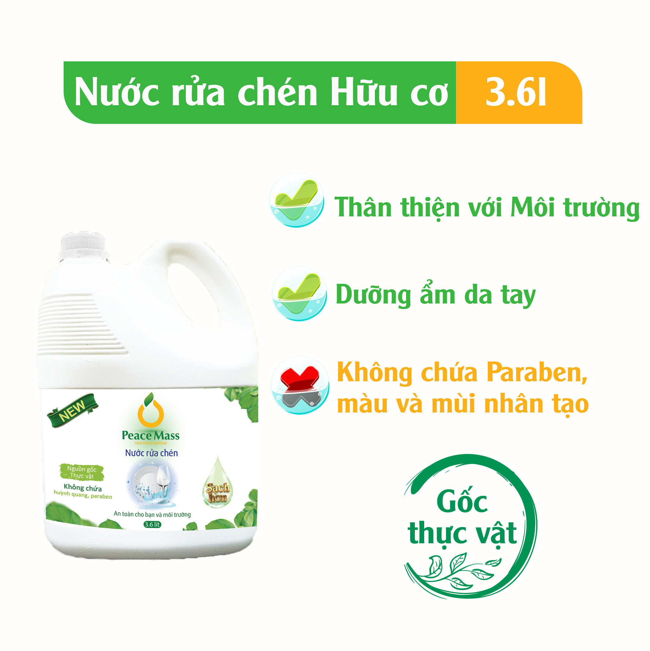 Nước Rửa Chén Gốc Thực Vật Peace Mass Công Nghệ Enzyme Rửa Sạch &amp; Không Lưu Mùi (Thuộc nhóm Sản phẩm Lành tính / Hữu cơ) Can 3.6 Lít