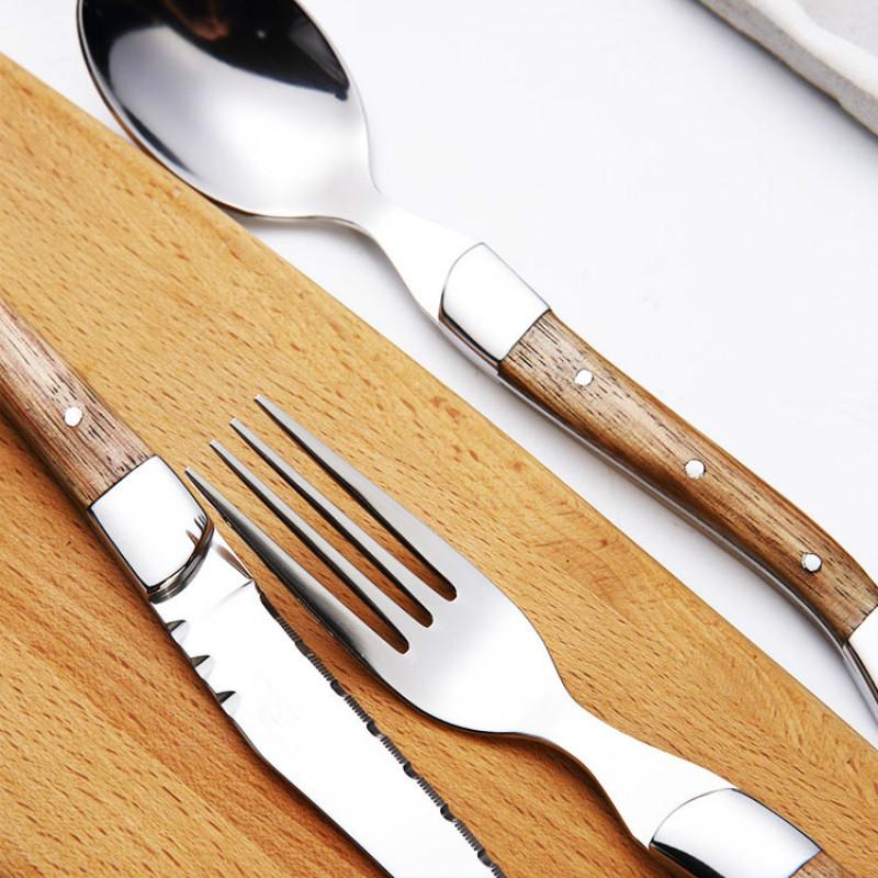 Thép Không Gỉ 304 Bữa Tối Bộ Muỗng Nĩa Dao Vàng Gỗ Tếch Tay Cầm Bằng Gỗ Bộ Đồ Ăn Sinh Thái Thân Thiện Phẳng Bằng Bộ Dao Kéo Nhà Bếp