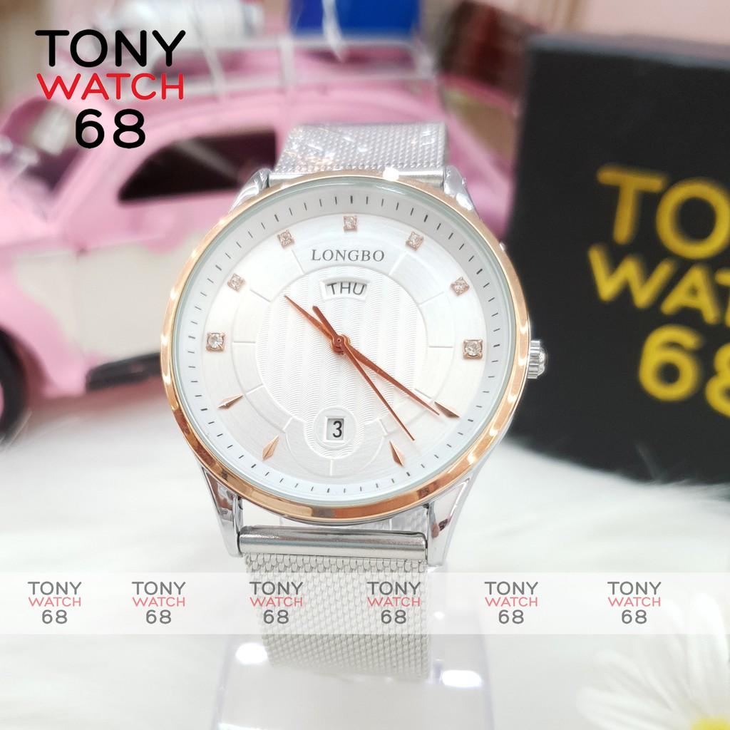 Đồng hồ nam LongBo dây lụa màu bạc có lịch chống nước chính hãng Tony Watch 68