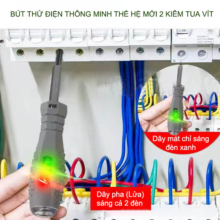Bút thử điện thông minh thế hệ mới 02, với 2 đèn xanh đỏ, tua vít từ tính, kiểm tra dây điện đứt ngầm, đo thông mạch